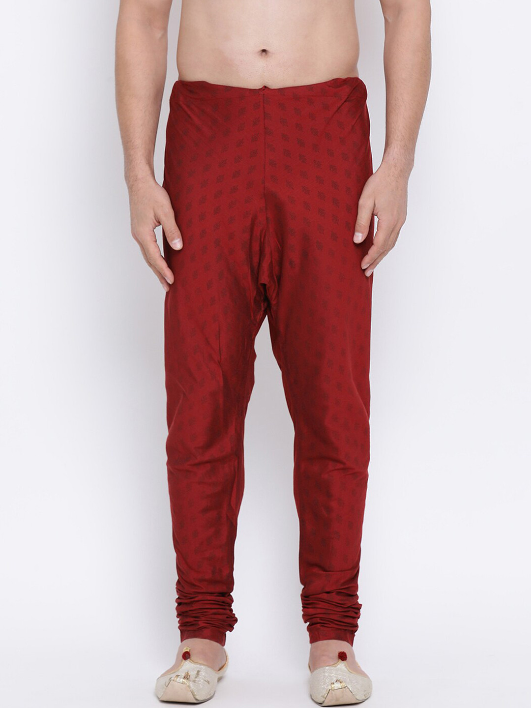 NAMASKAR Men Maroon Solid Pure Silk Churidar
