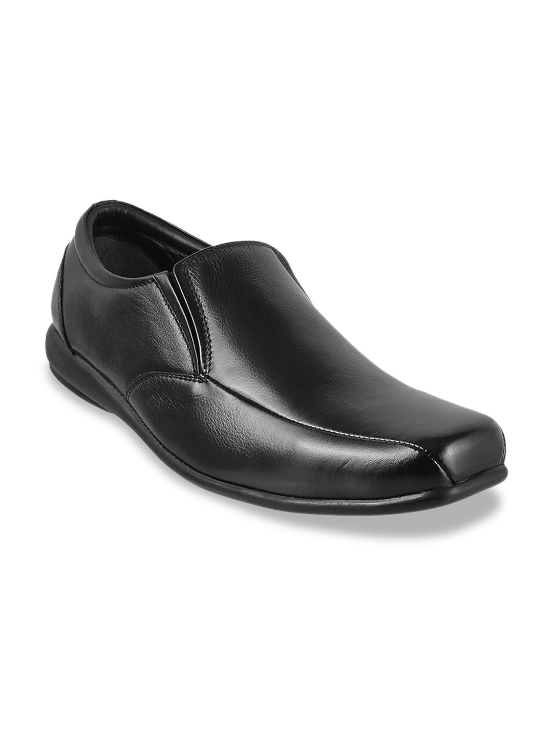 Metro Men Black Solid Leather Slip-On Shoes