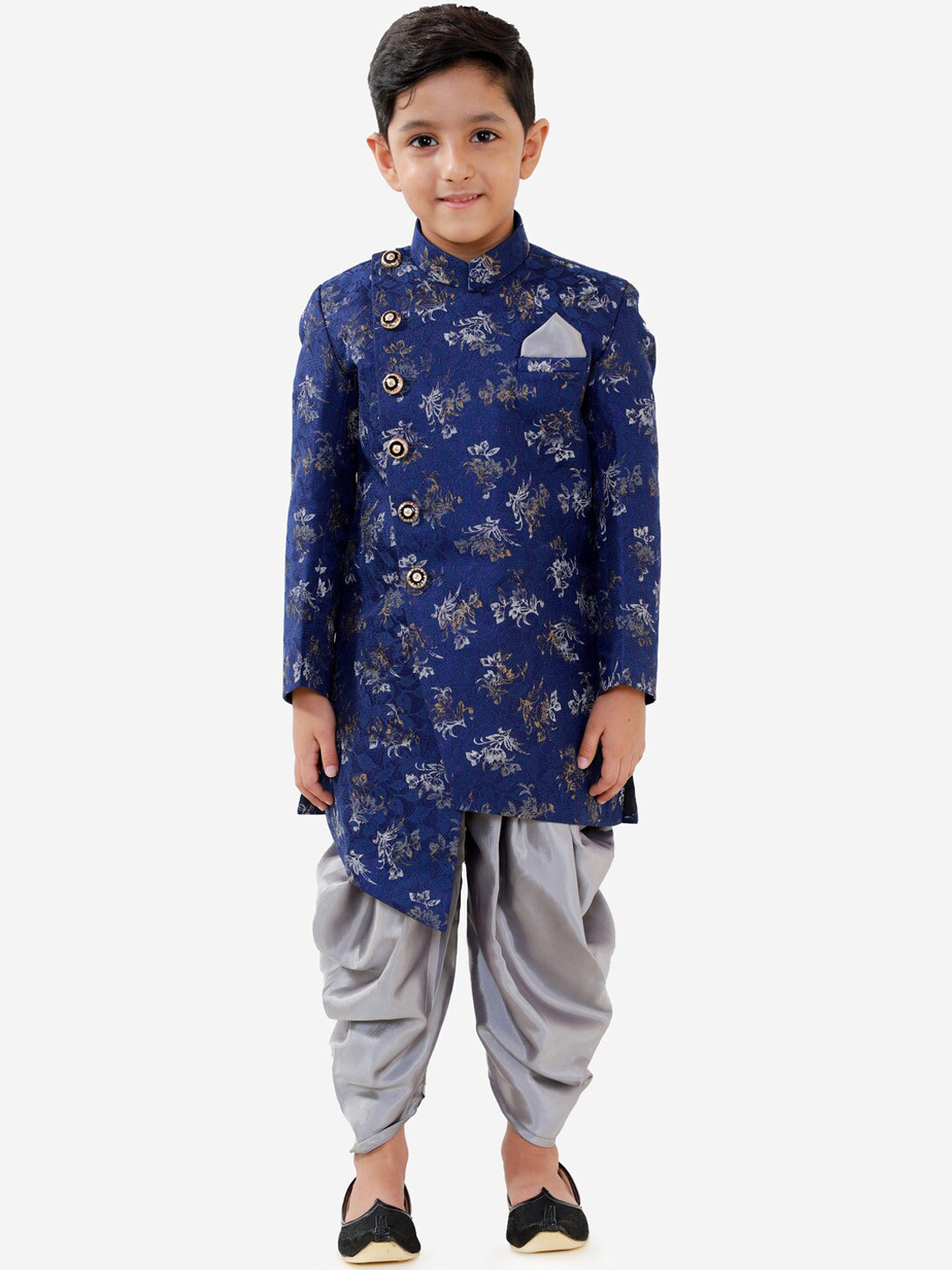 JBN Creation Boys Blue & Grey Printed Sherwani Set