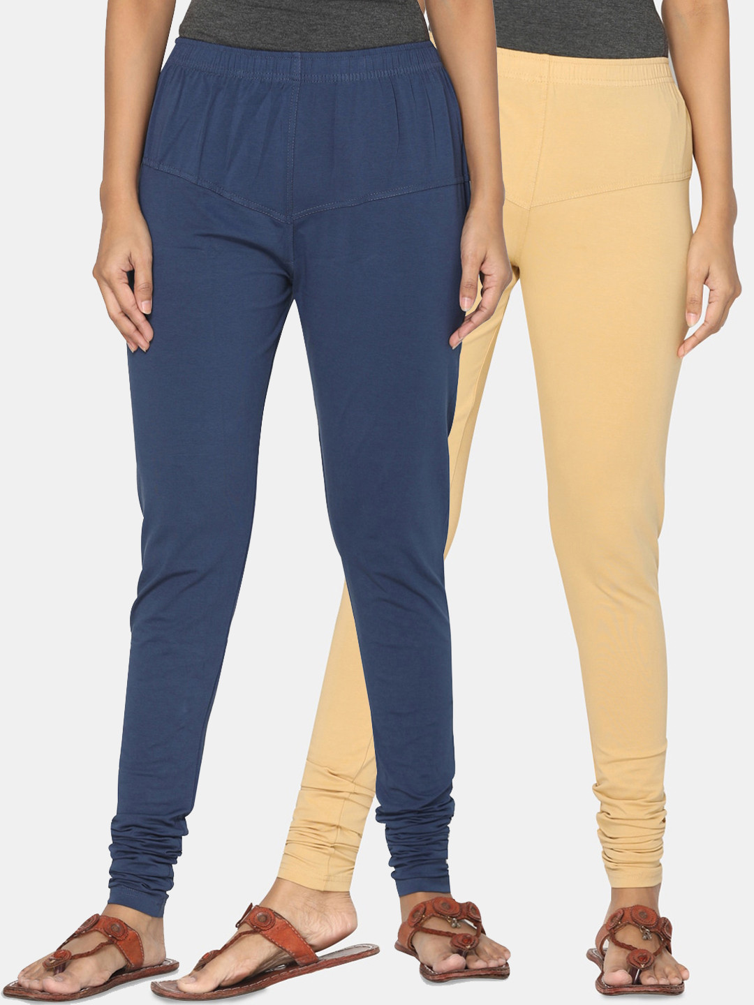 TSG Bliss Women Pack Of 2 Beige & Navy Blue Solid Churidar-Length Leggings