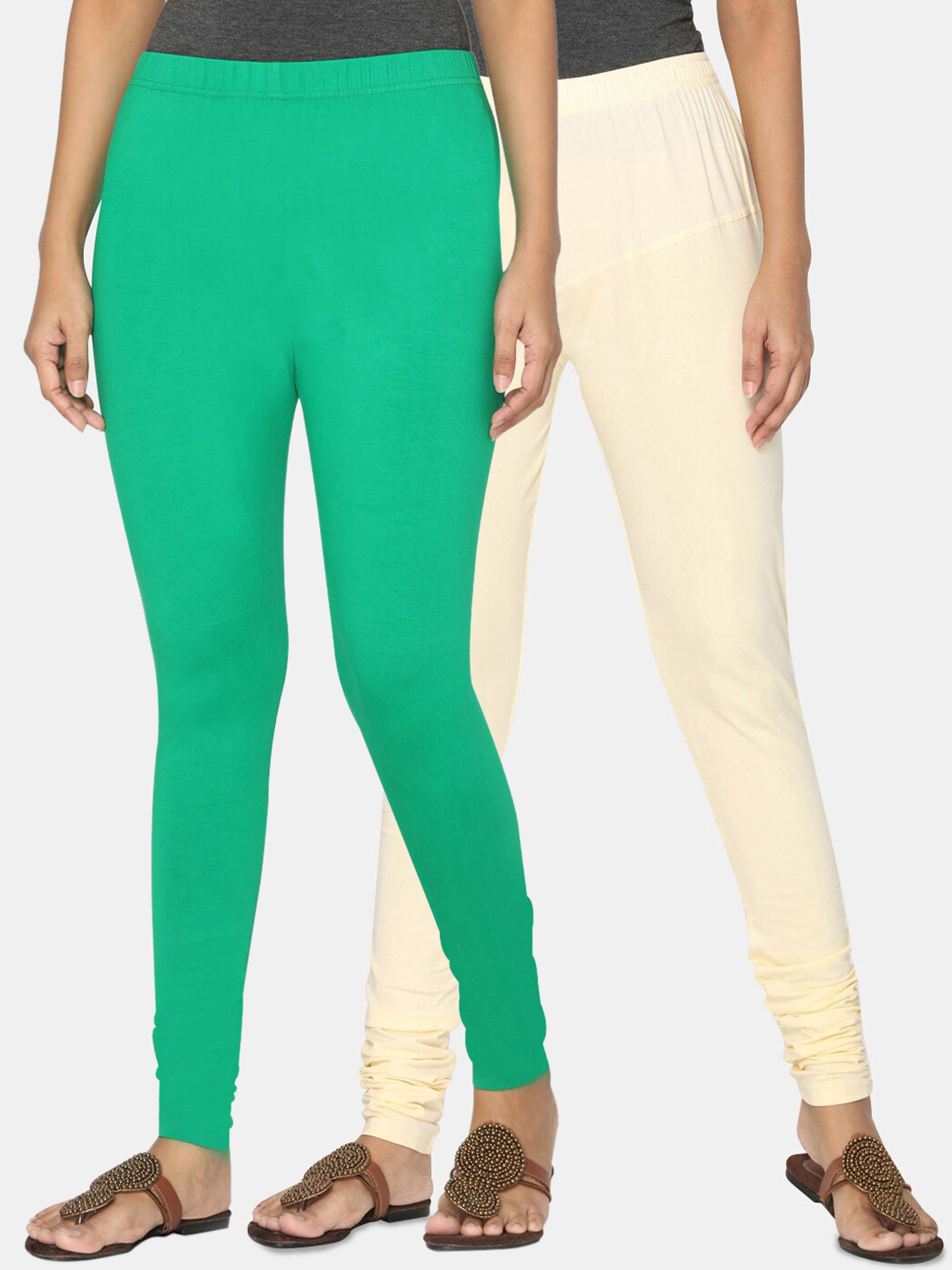 TSG Bliss Women Pack Of 2 Green & Off-White Solid Churidar-Length Leggings