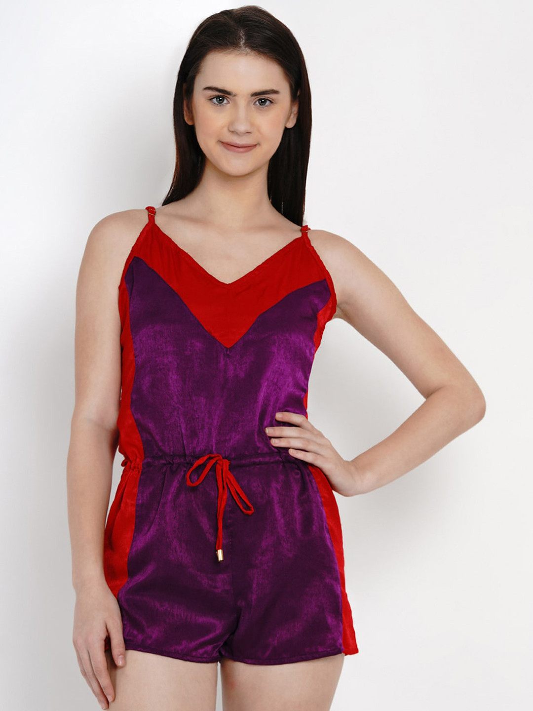 Aoba Women Purple & Red Colourblocked Night suit