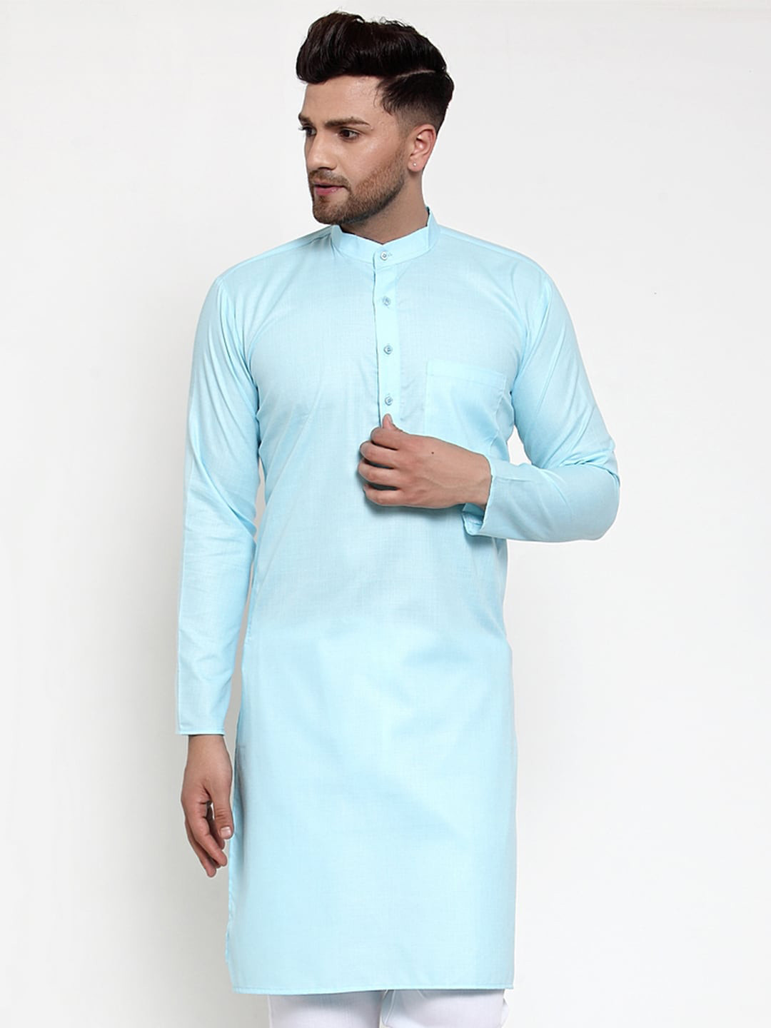 Jompers Men Turquoise Blue Solid Cotton Straight Kurta