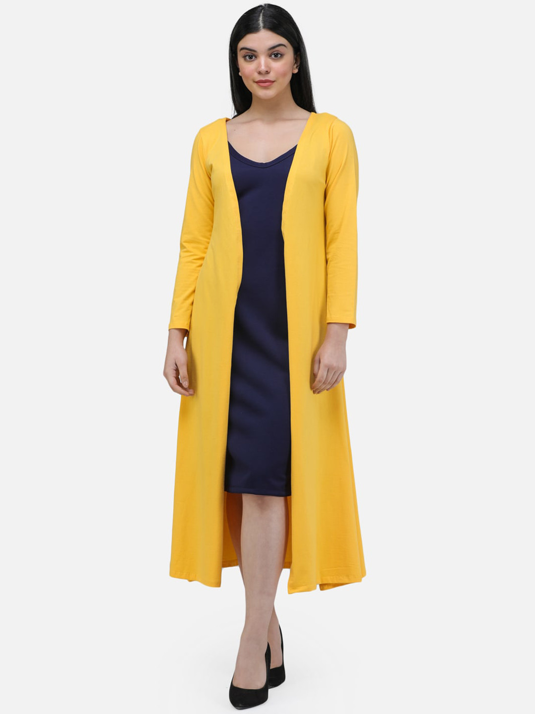 SCORPIUS Women Yellow Solid Open-Front Longline Shrug