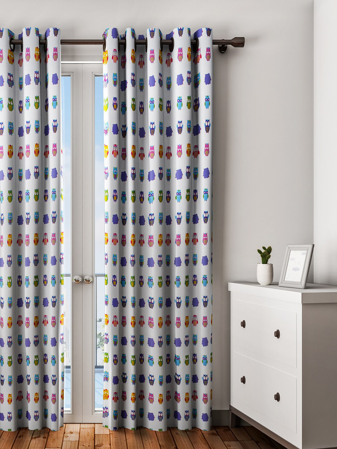 URBAN DREAM White & Purple Abstract Owl Printed Single Long Door Curtain