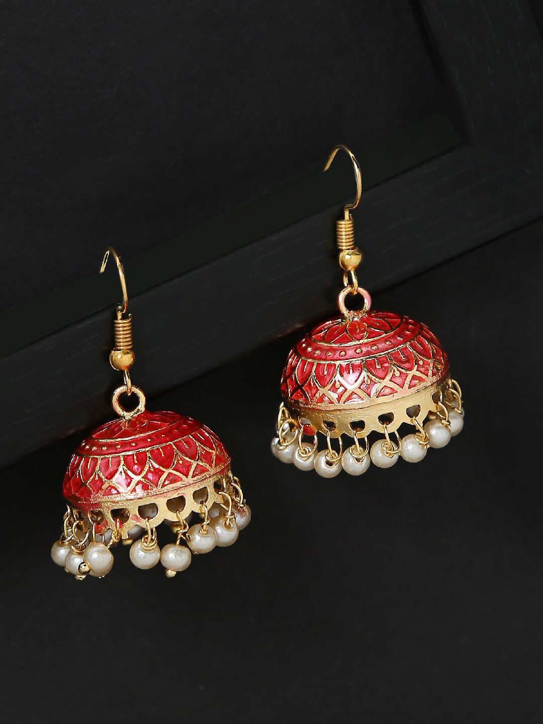 OOMPH Red & Pink Contemporary Gold Plated Handcrafted Meenakari Jhumkas
