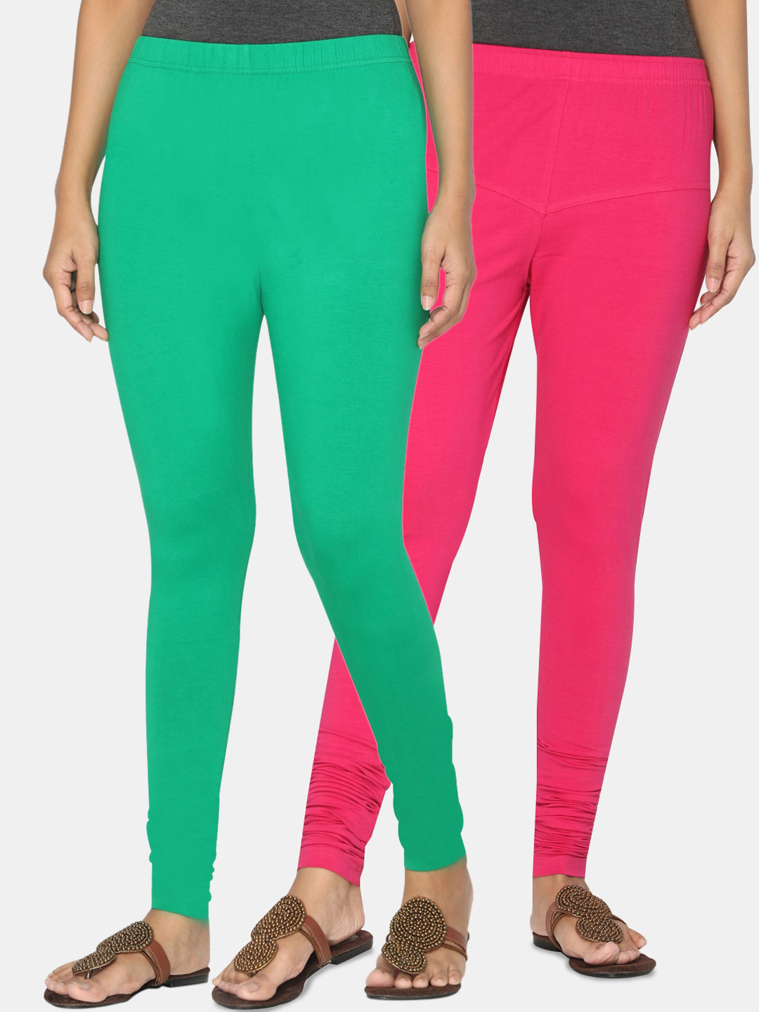 TSG Bliss Women Pack Of 2 Green & Fuchsia Solid Churidar-Length Leggings