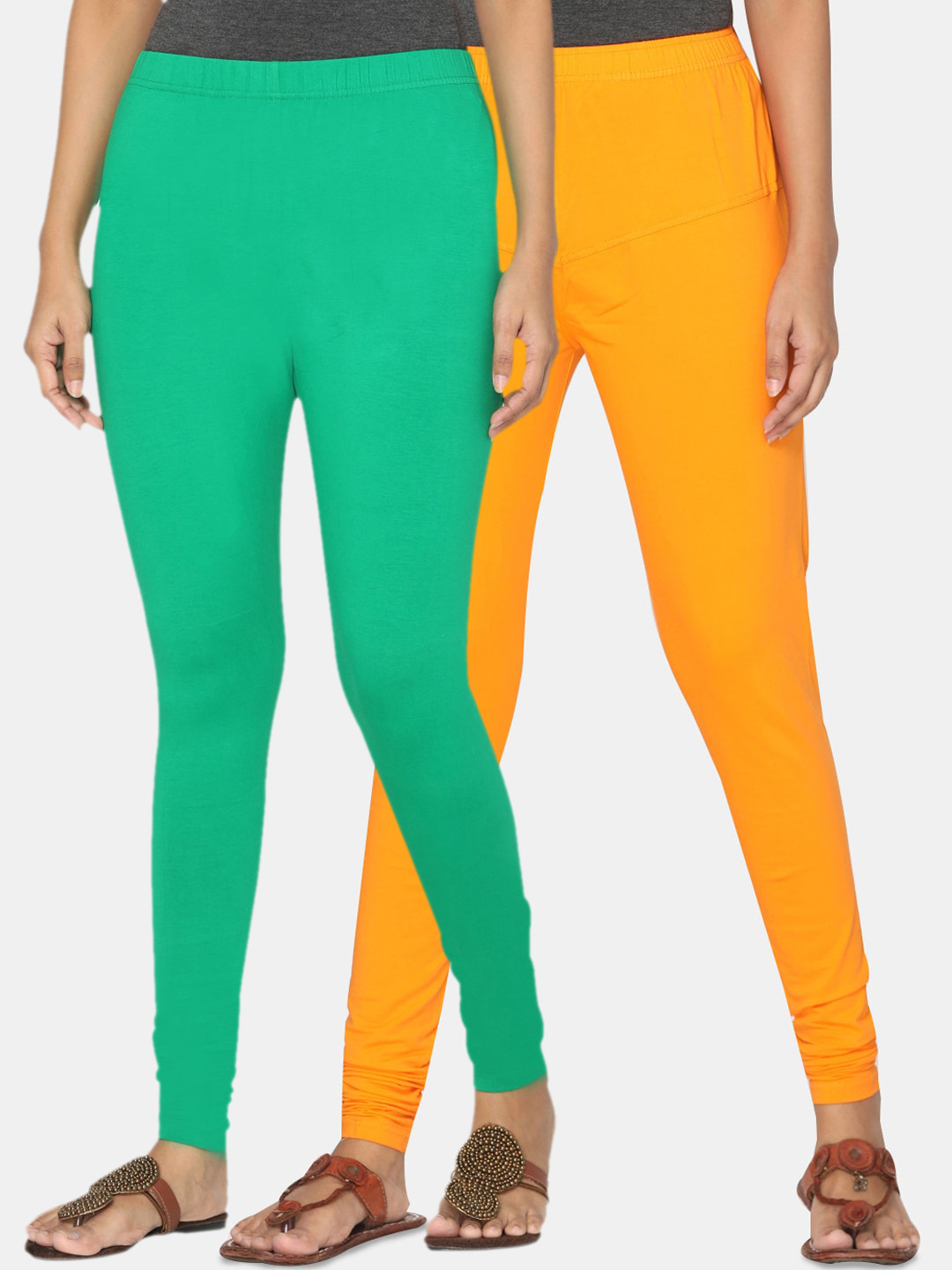 TSG Bliss Women Pack Of 2 Green & Orange Solid Churidar-Length Leggings