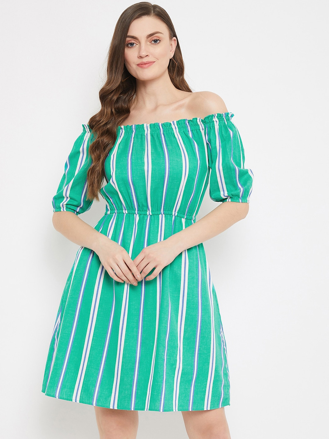 Nun Women Green Striped Fit and Flare Dress