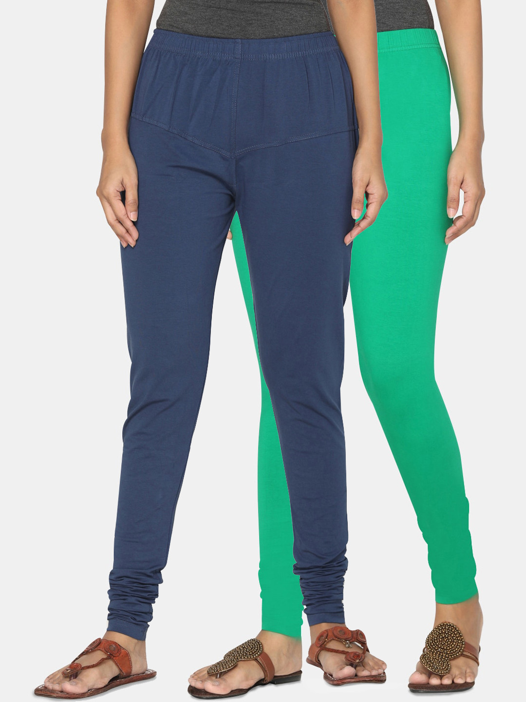 TSG Bliss Women Pack Of 2 Green & Navy Blue Solid Churidar-Length Leggings