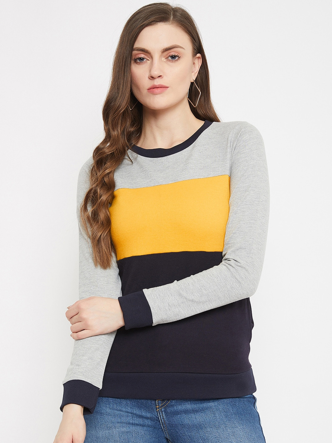 Nun Women Grey & Yellow Colourblocked Sweatshirt