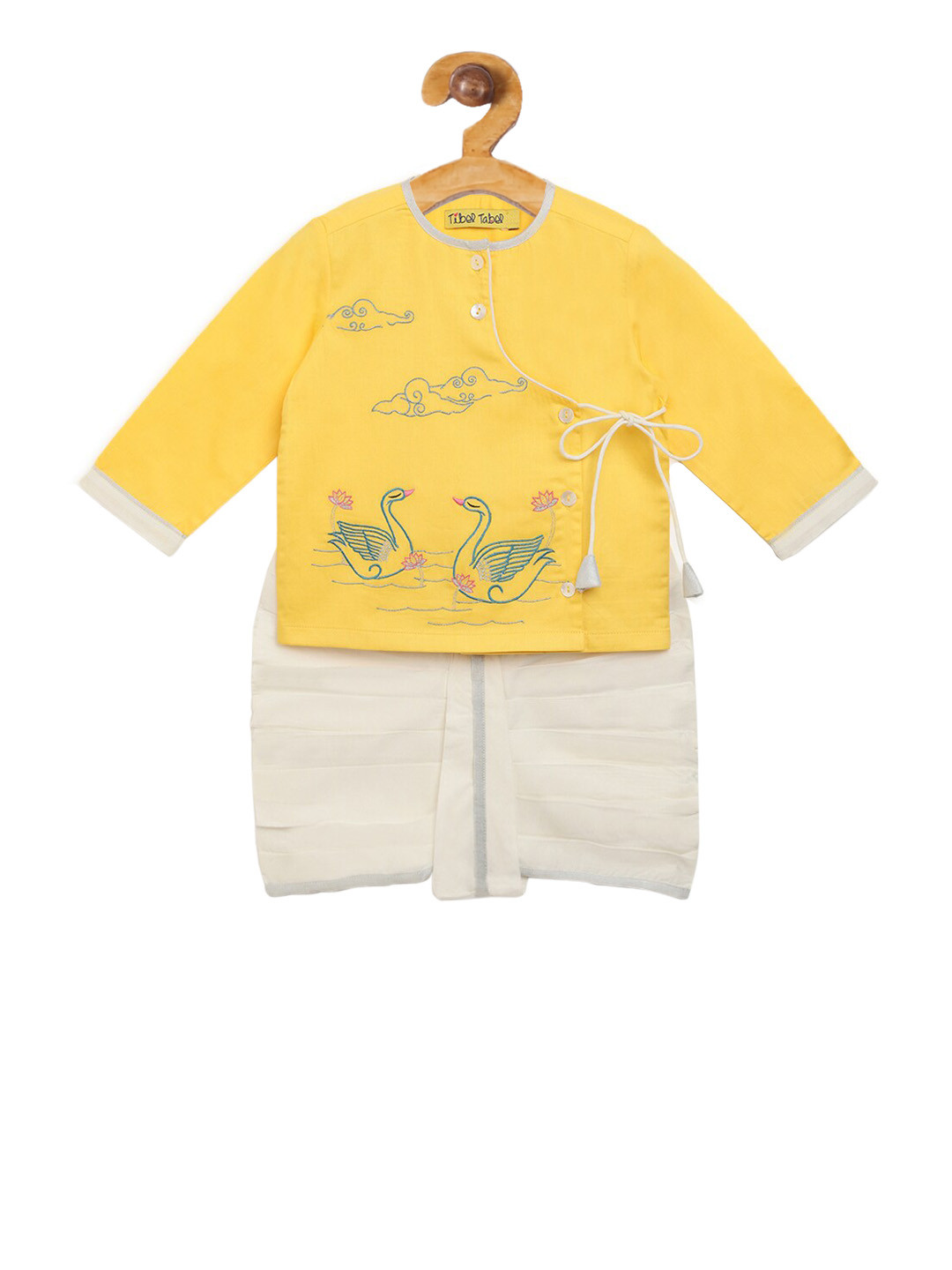 Tiber Taber Boys Yellow & Off-White Embroidered Kurta with Dhoti Pants