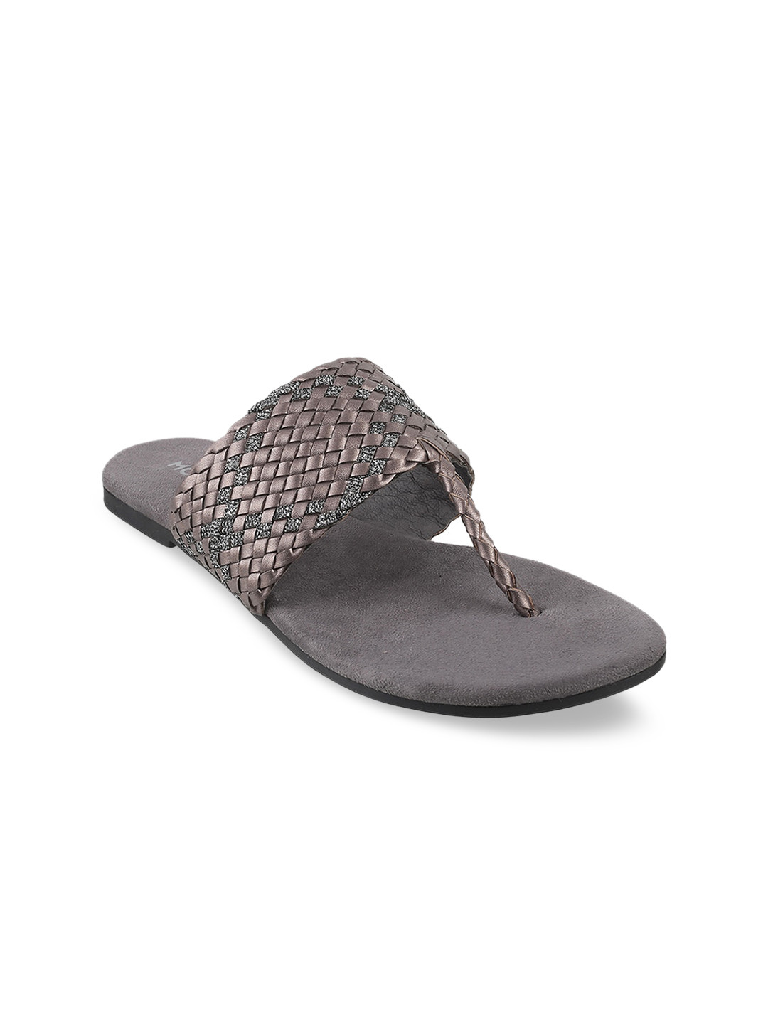 Mochi Women Grey Woven Design T-Strap Flats