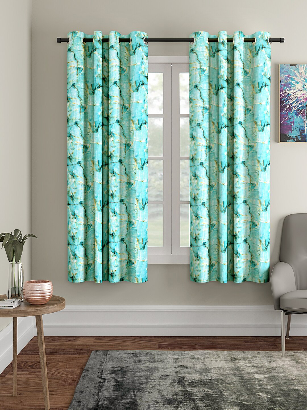 Cortina Turquoise Blue & Yellow  Set Of 2 Printed Window Curtains