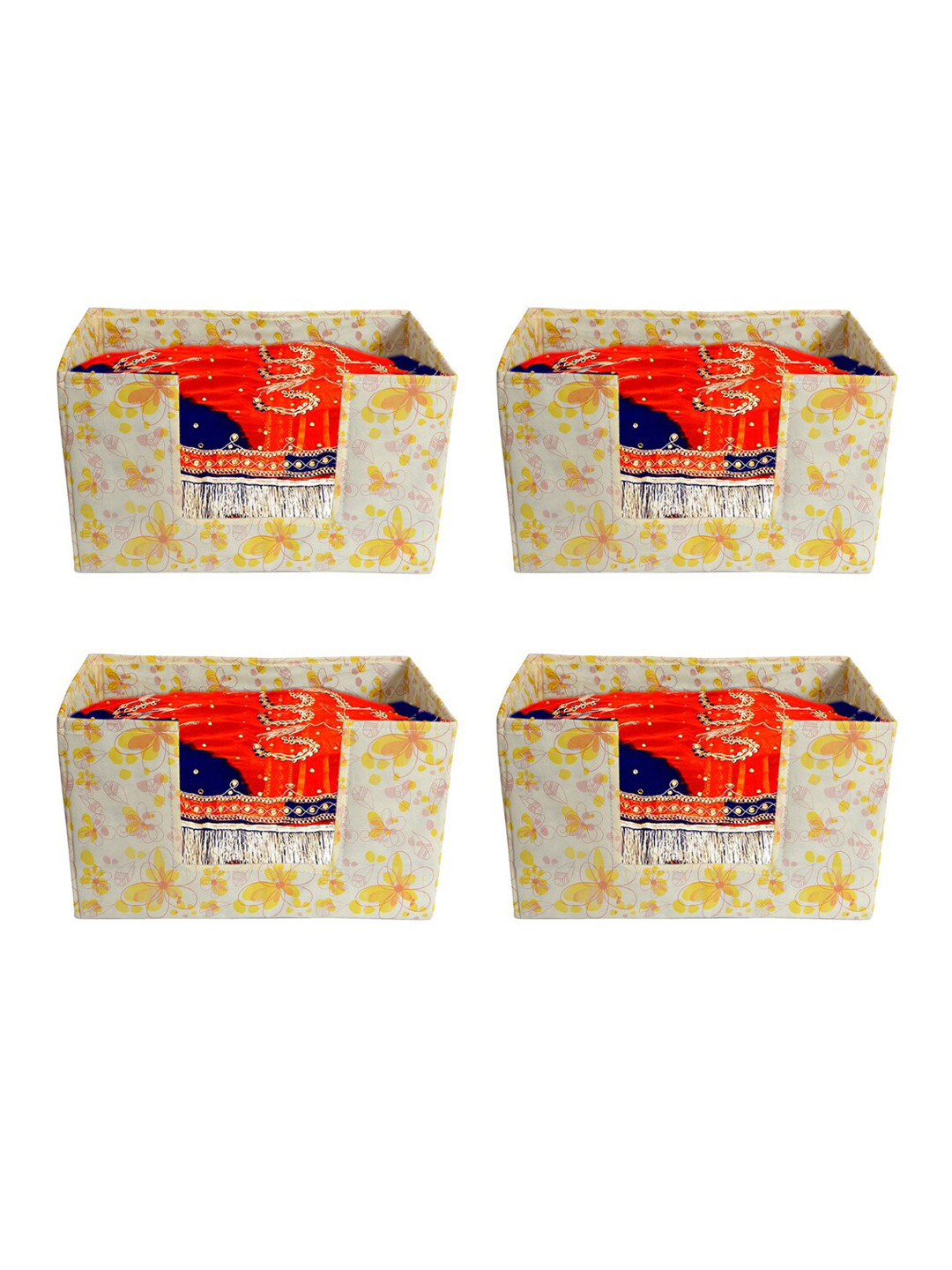 Kuber Industries Set Of 4 Off- White & Yellow Flower Printed Shirt Stacker Organisers With Handles