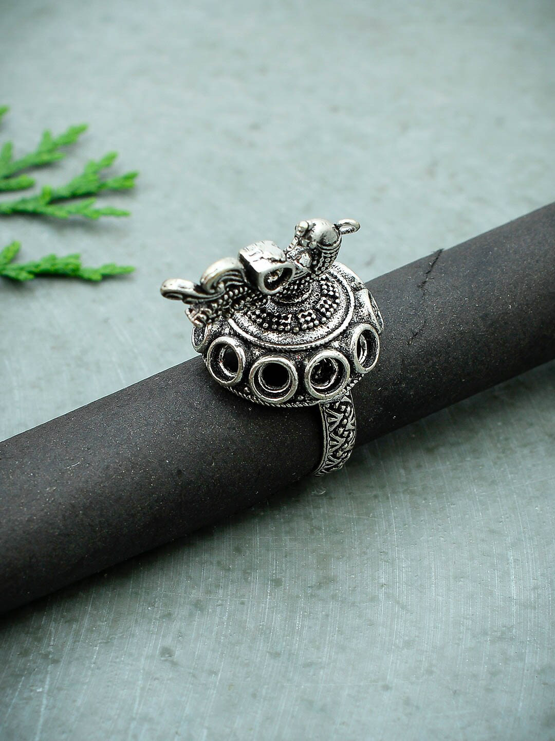 Silvermerc Designs Oxidised Silver-Plated Peacock-Shaped Adjustable Finger Ring