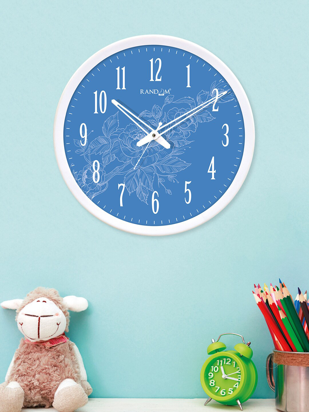 RANDOM White & Blue Floral Printed Analogue Wall Clock
