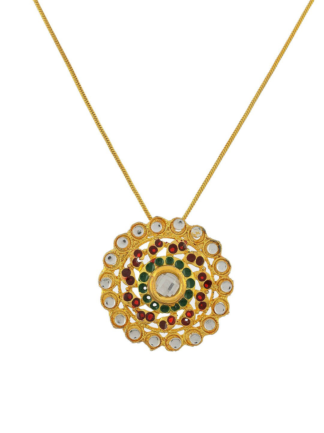 Women Gold-Plated Green Kundan Studded Traditional Pendant With Chain