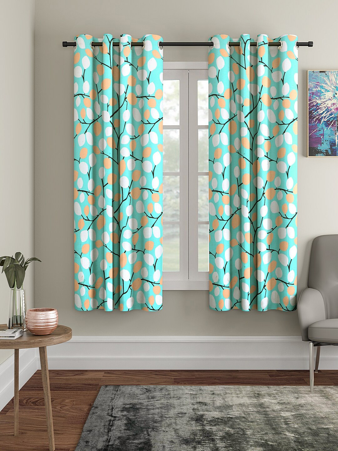 Cortina Turquoise Blue & White Set of 2 Printed Window Curtains