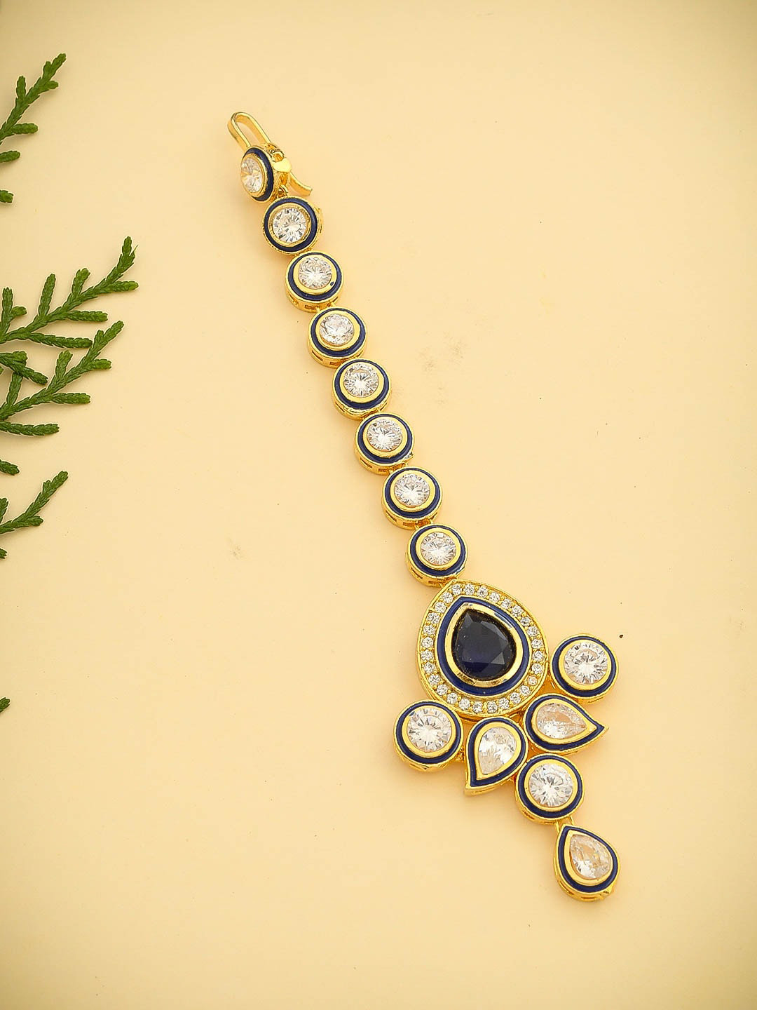 Silvermerc Designs Gold-Plated Blue & White Kundan-Studded Antique Maang Tikka