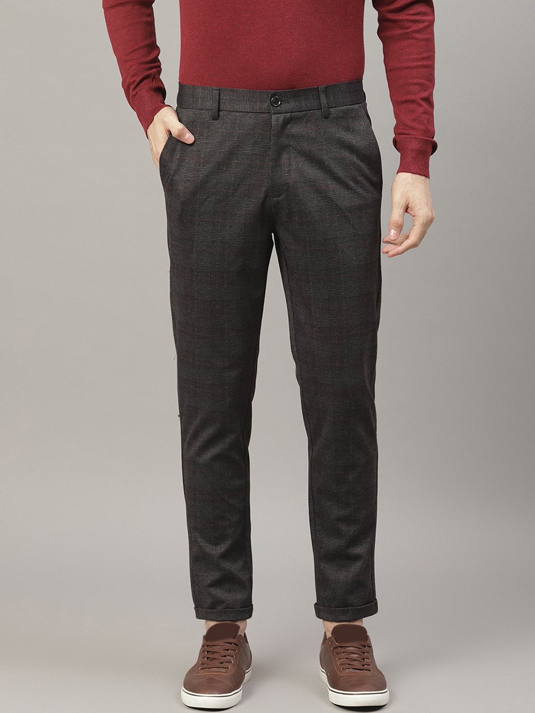 LINDBERGH Men Grey Slim Fit Checked Regular Trousers
