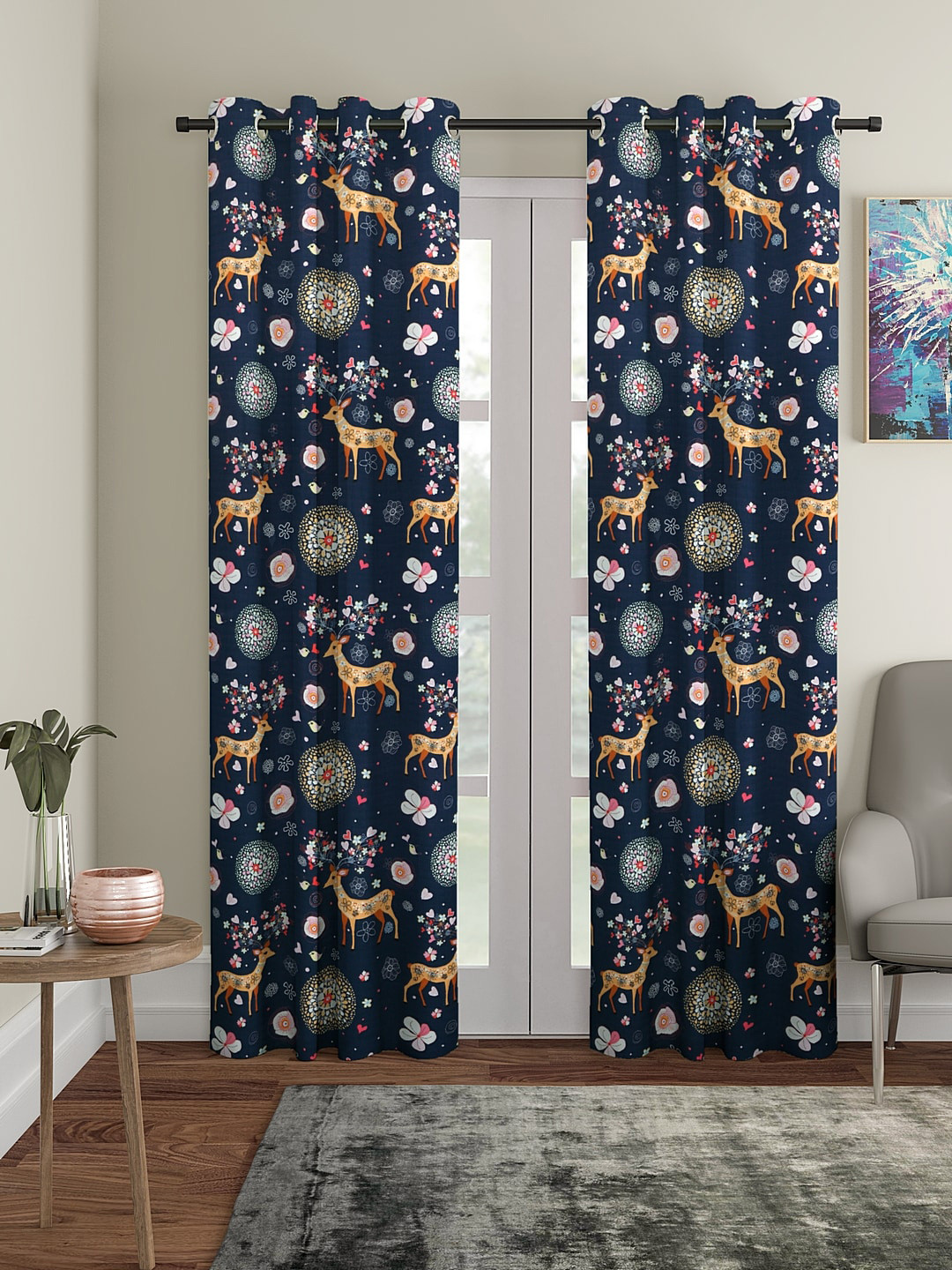 Cortina Set Of 2 Navy Blue & Brown Printed Long Door Curtains
