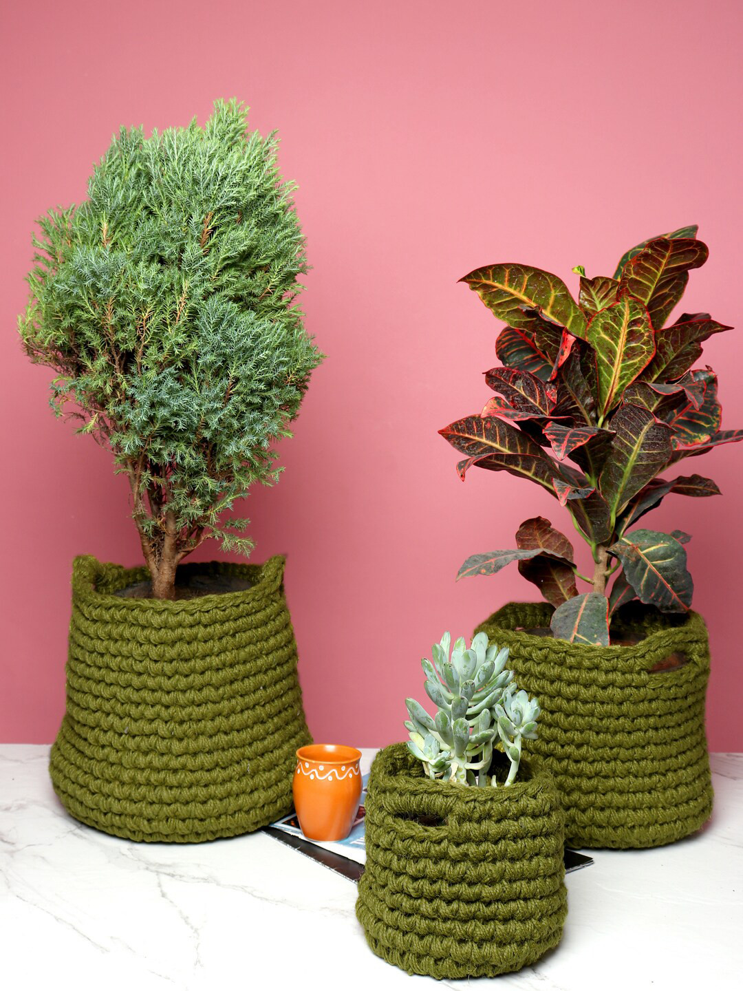 HABERE INDIA Set Of 3 Olive Green Crochet Handmade Sustainable Planters