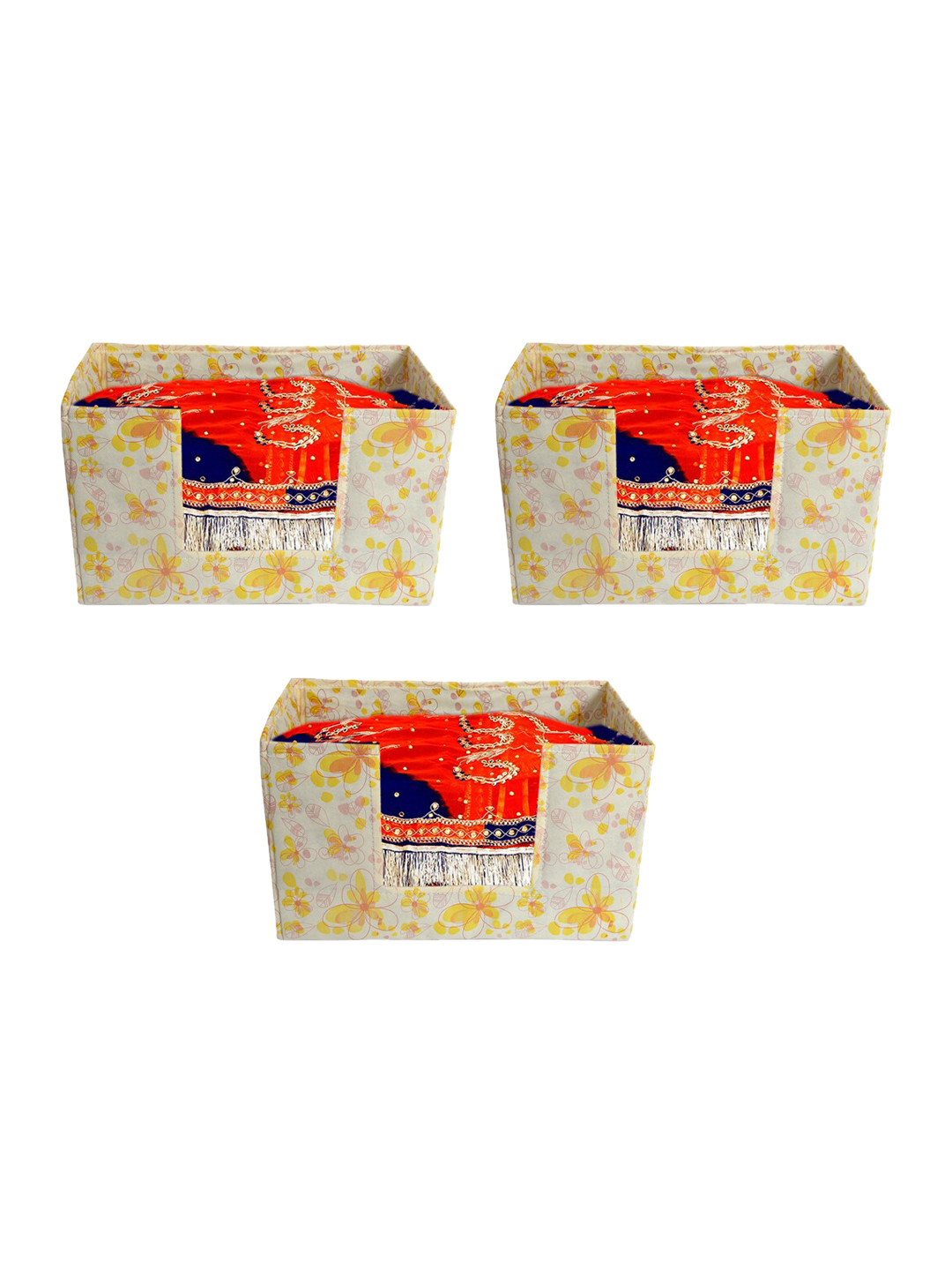 Kuber Industries Set of 3 Yellow Floral Printed Large Stacker Foldable Wardrobe Organizers