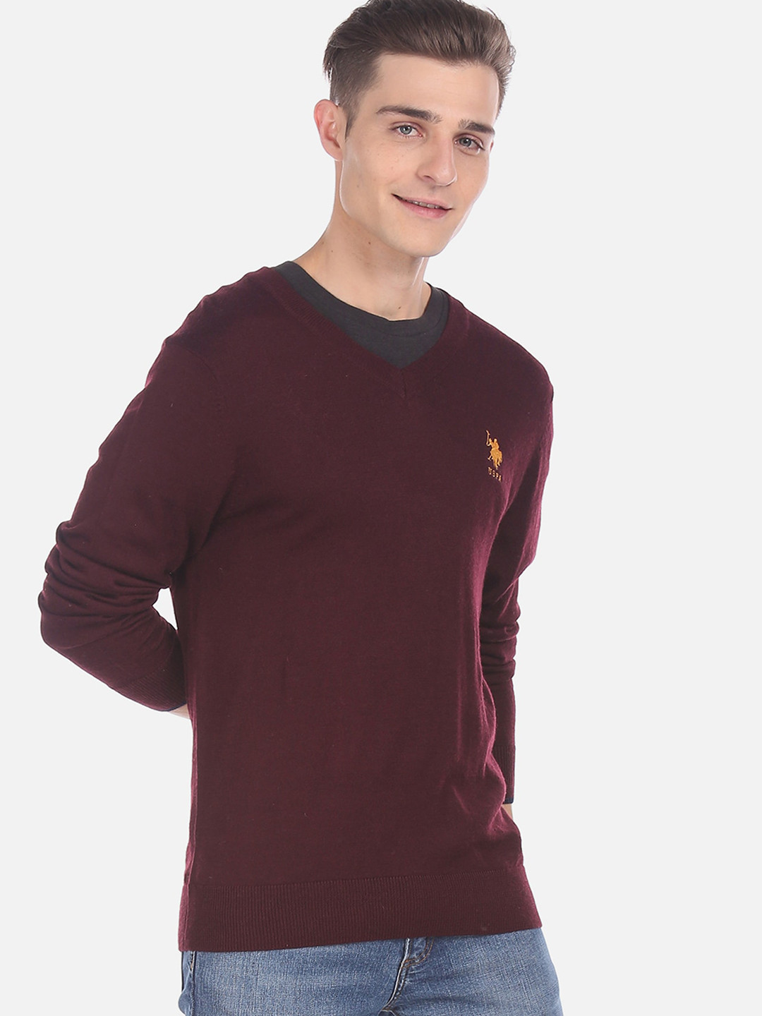 U.S. Polo Assn. Men Maroon Solid Pullover Sweater