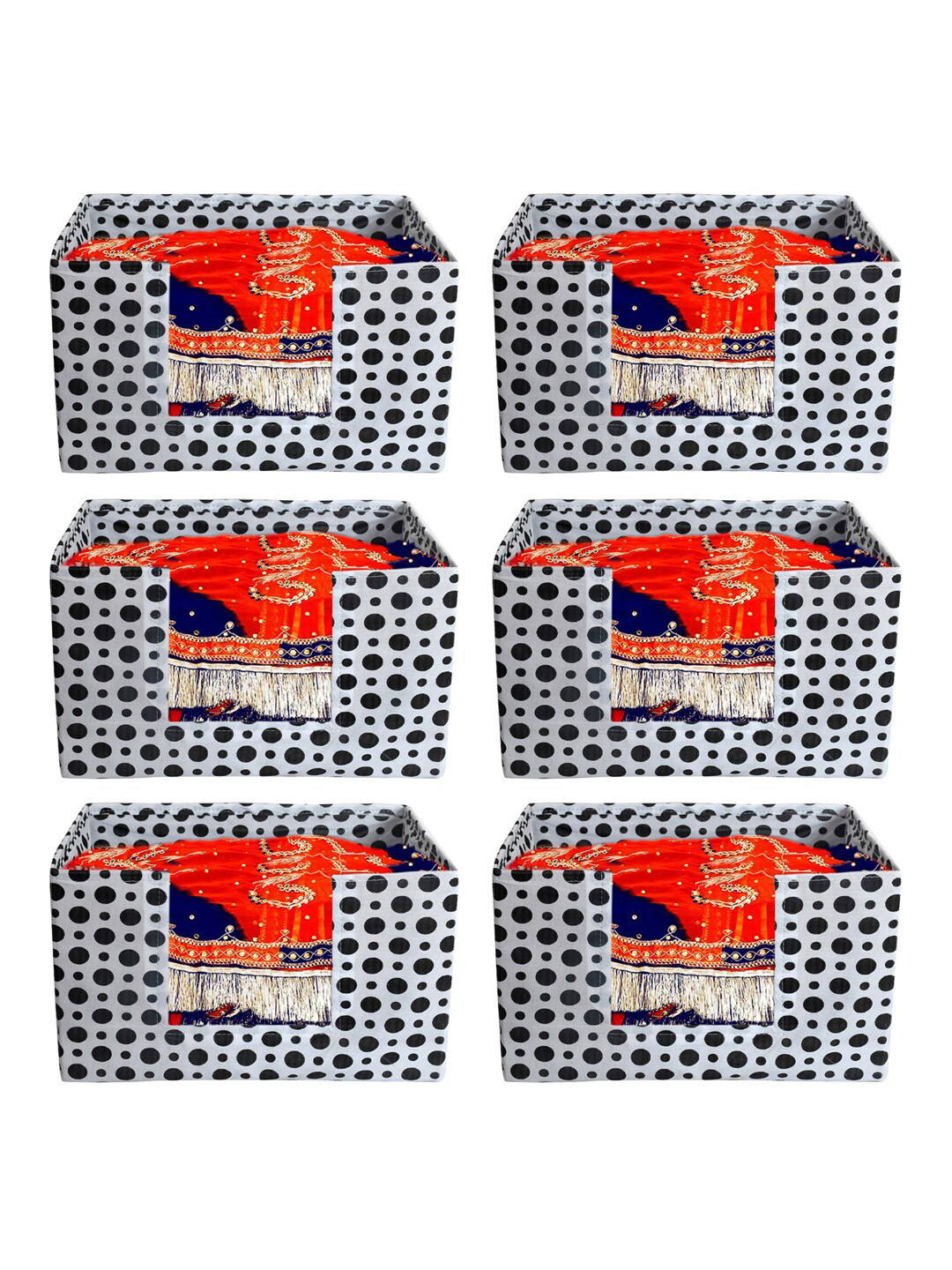 Kuber Industries Set Of 6 Black & White Polka Dots Printed Shirt Stacker Organisers With Handles