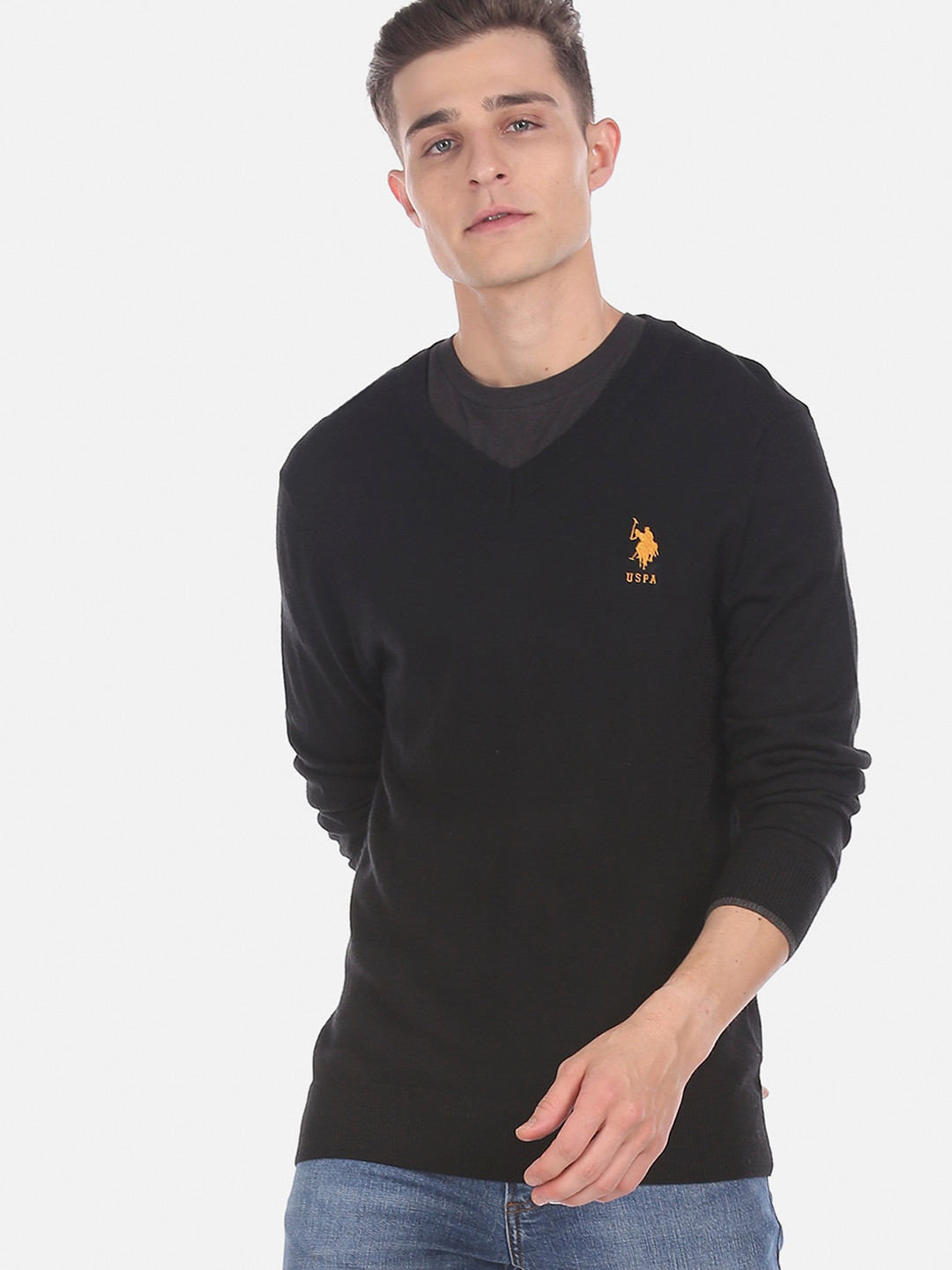 U.S. Polo Assn. Men Black Solid Pullover Sweater