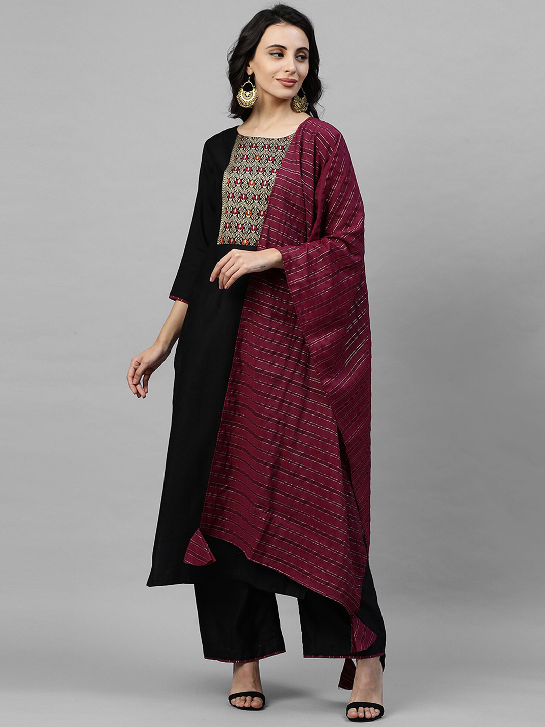 Indo Era Women Black & Maroon Solid Kurta with Trousers & Dupatta