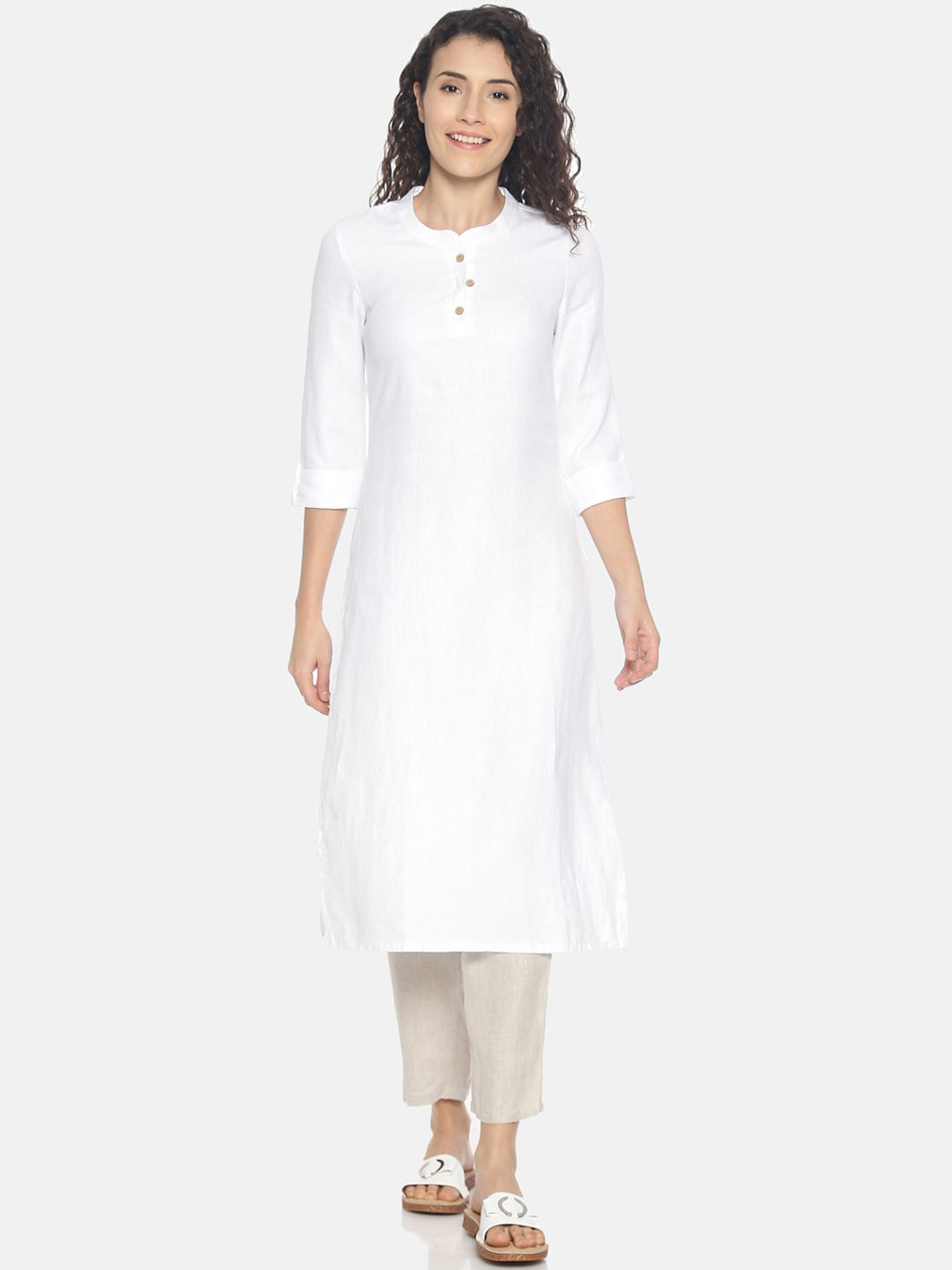 Ecentric Women White Solid Eco-Friendly Hemp Straight Sustainable Kurta