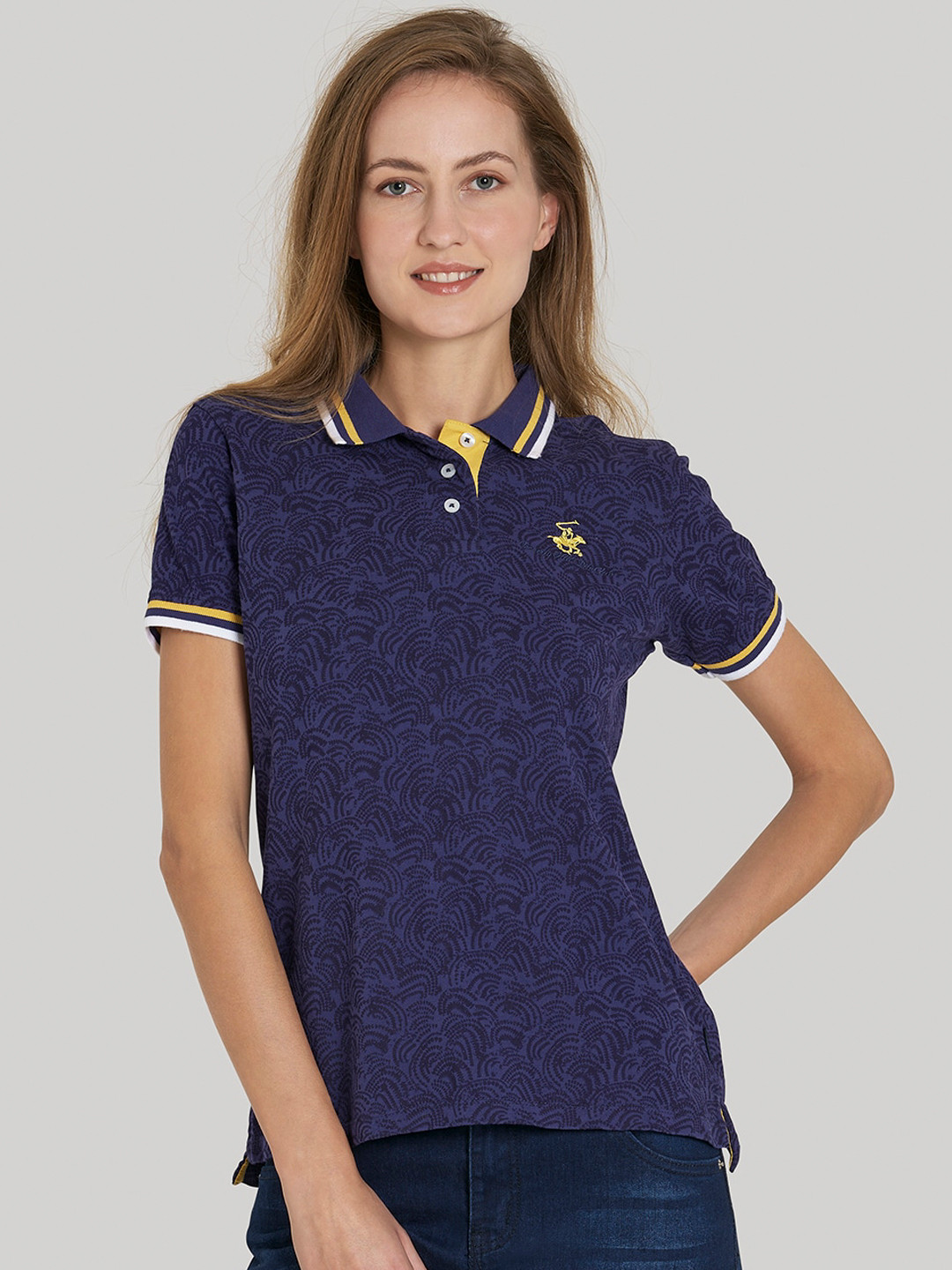 Beverly Hills Polo Club Women Navy Blue Printed Polo Collar T-shirt