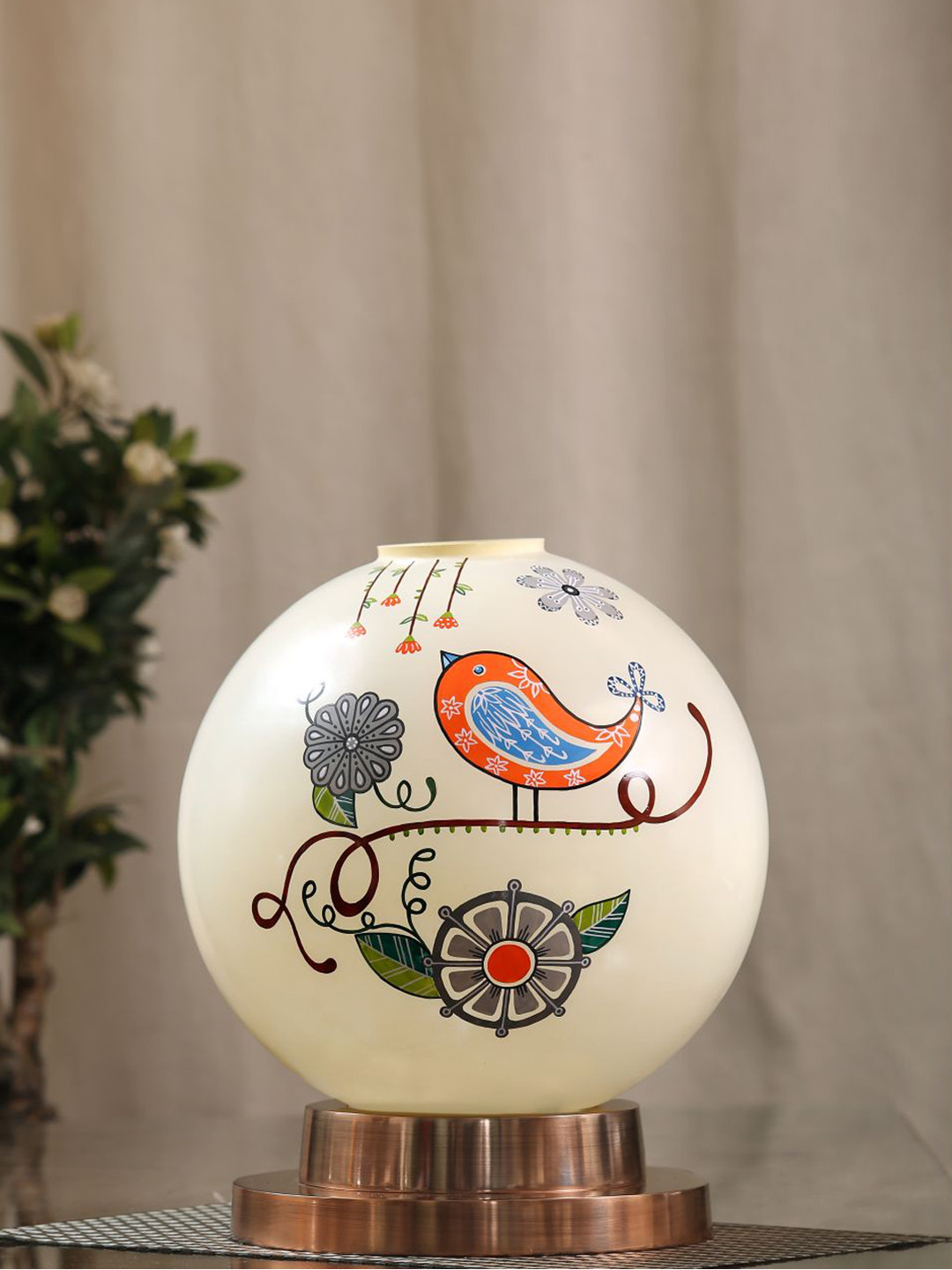 POSH-N-PLUSH Off-White & Red Printed Tweet it Glass Table Lamp