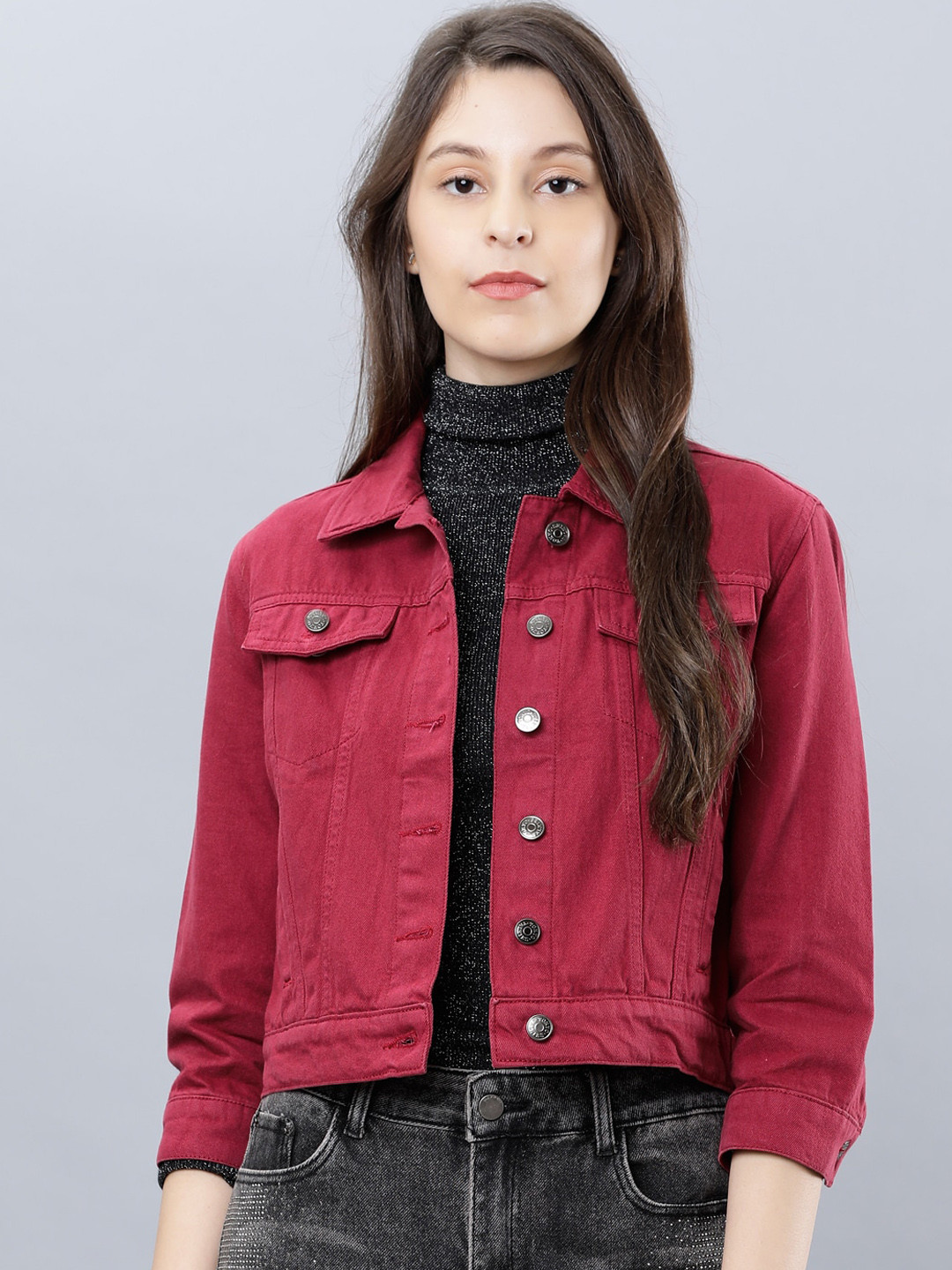 Tokyo Talkies Women Red Solid Denim Jacket
