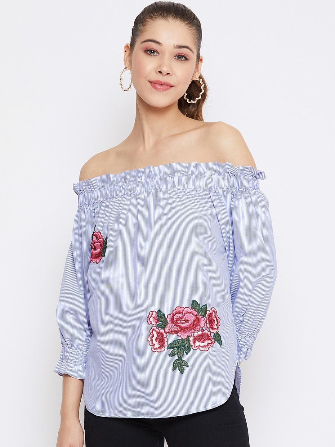PURYS Women Blue Striped Bardot Pure Cotton Top