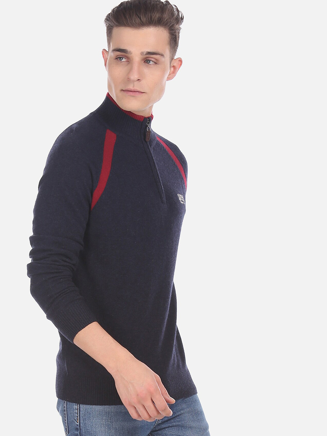 U.S. Polo Assn. Denim Co. Men Navy Solid Heathered Knit Sweater