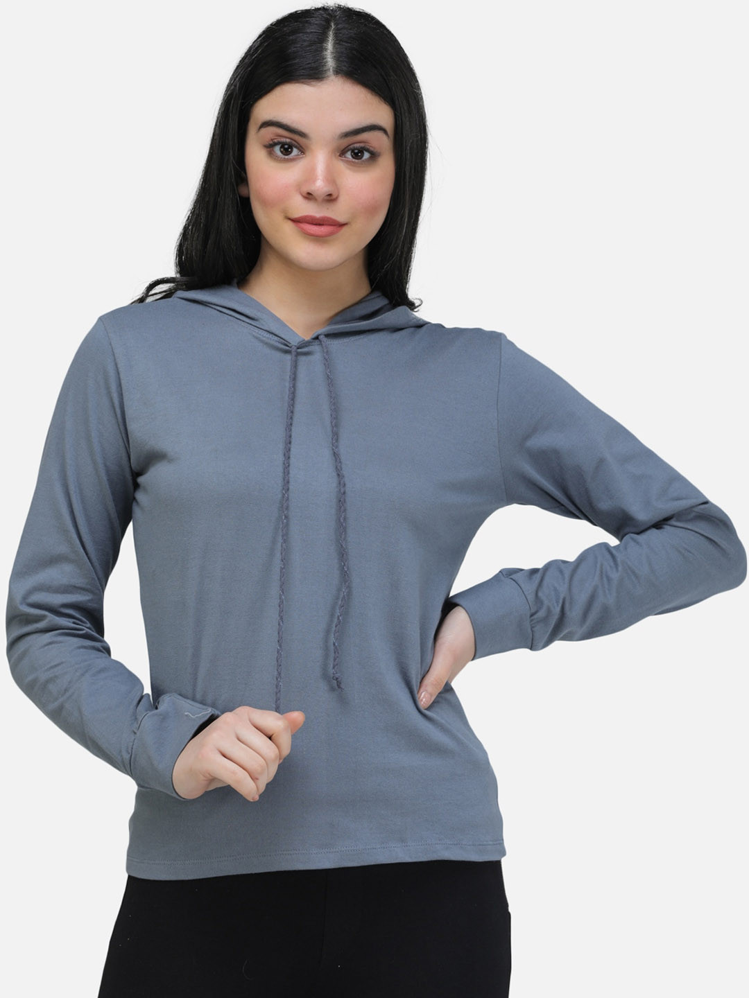 SCORPIUS Women Grey Solid Hooded Sweatshirt