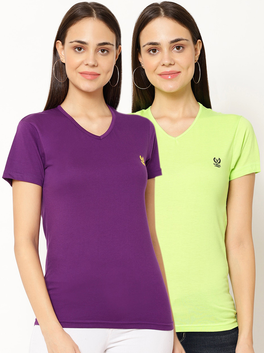 MACK JONNEY Women Purple and Green Solid V-Neck T-shirt