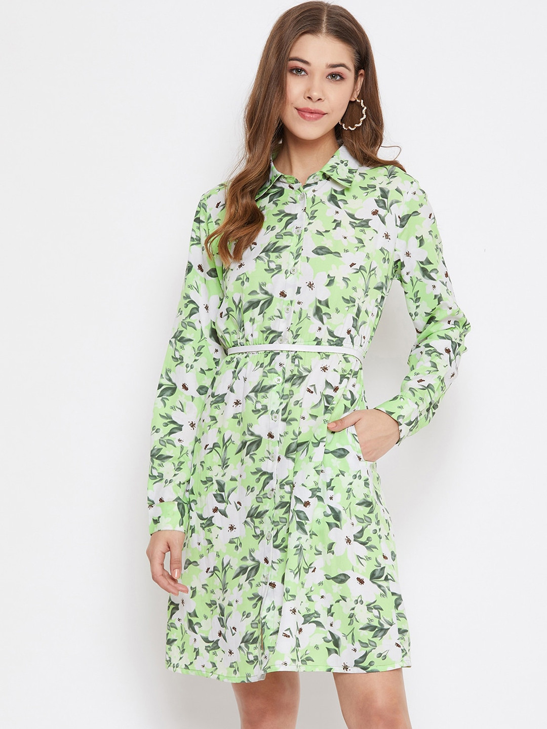 PURYS Women White & Green Printed Shirt Dress