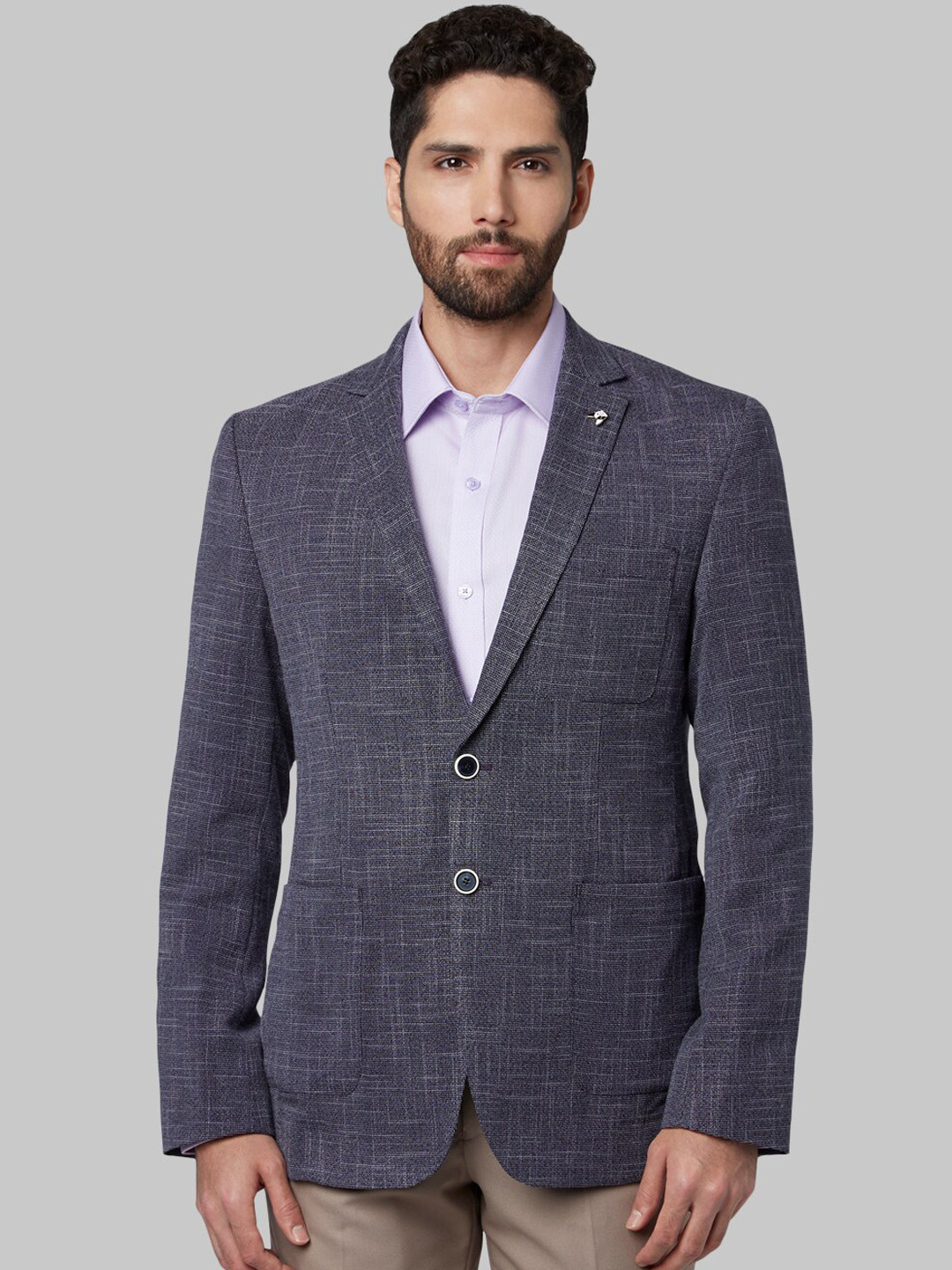 Park Avenue Men Charcoal Grey Self Design Super Slim Fit Single Breasted Blazer