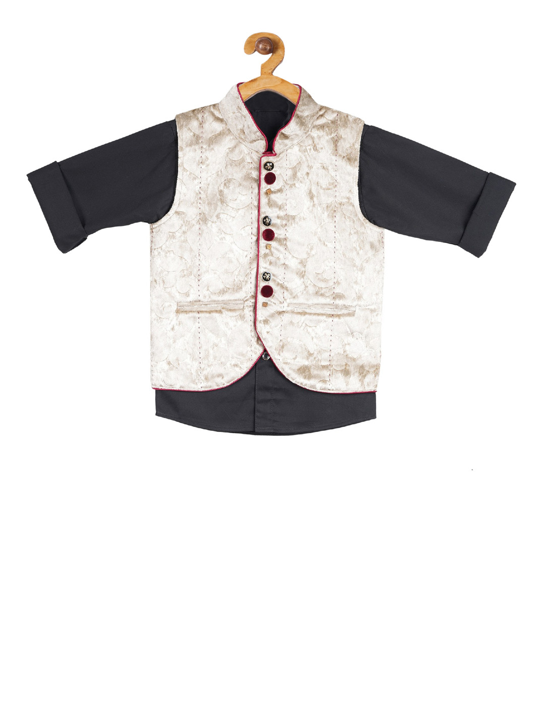 Actuel Boys Black & Beige Regular Fit Solid Casual Shirt With Waistcoat