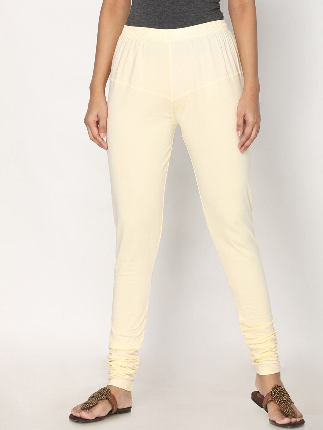 TSG Bliss Women Cream-Coloured Solid Shrinkage Resistance Churidar Leggings