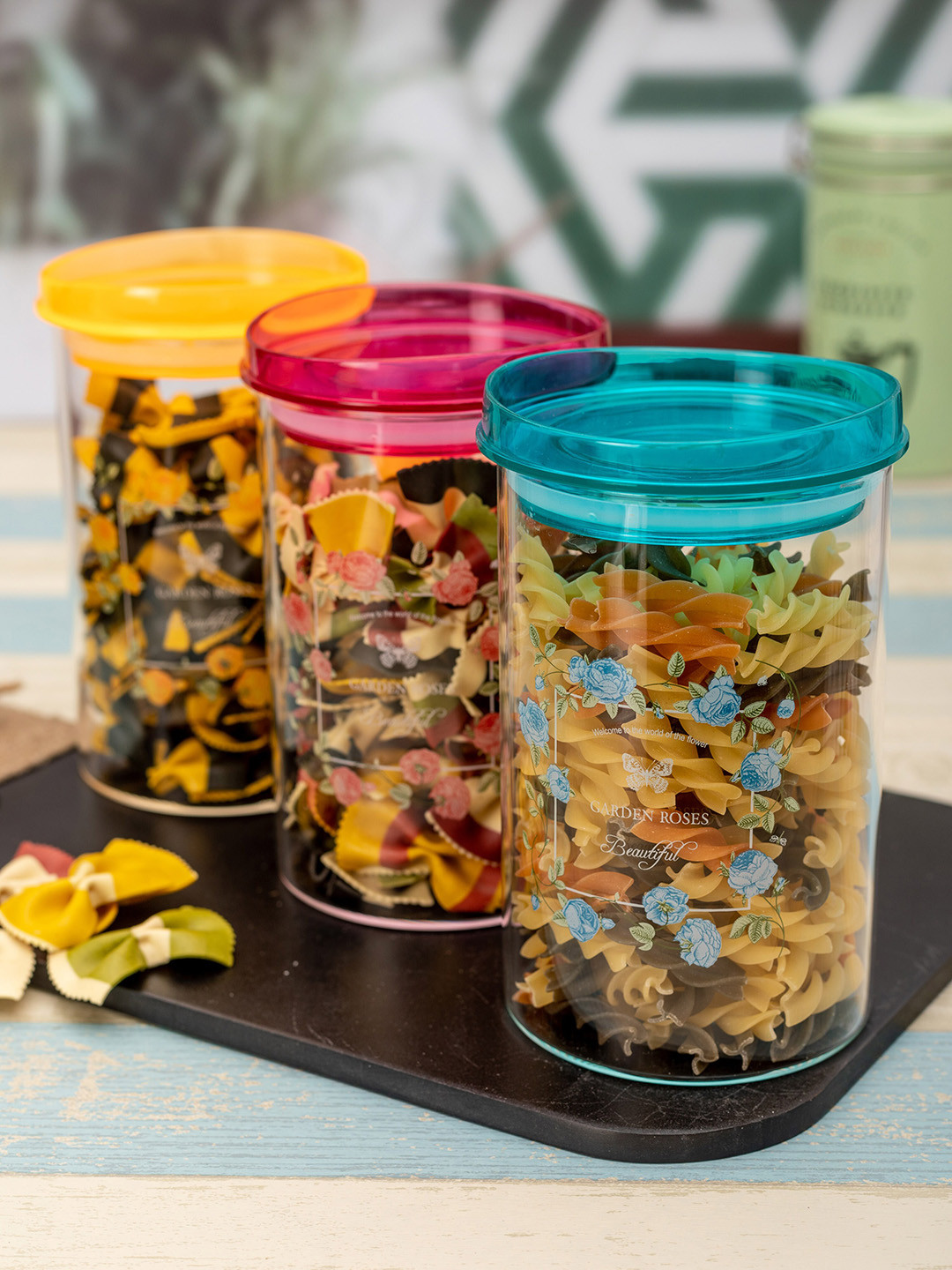 Roxx Transparent Floral Borosilicate Glass Dishwasher Safe 3 Piece Flip Top Canister-1L