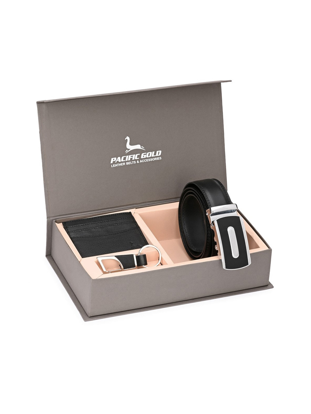 Pacific Gold Men Black & Silver-Toned Genuine Leather Accessory Gift Set