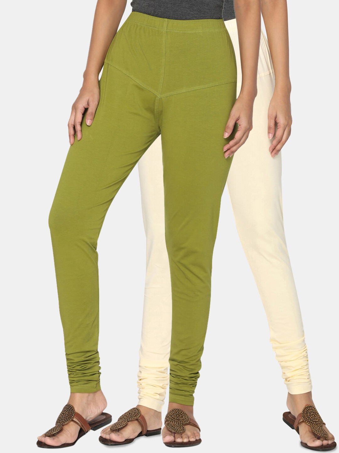 TSG Bliss Women Pack Of 2 Cream-Colored & Olive Green Solid Churidar-Length leggings
