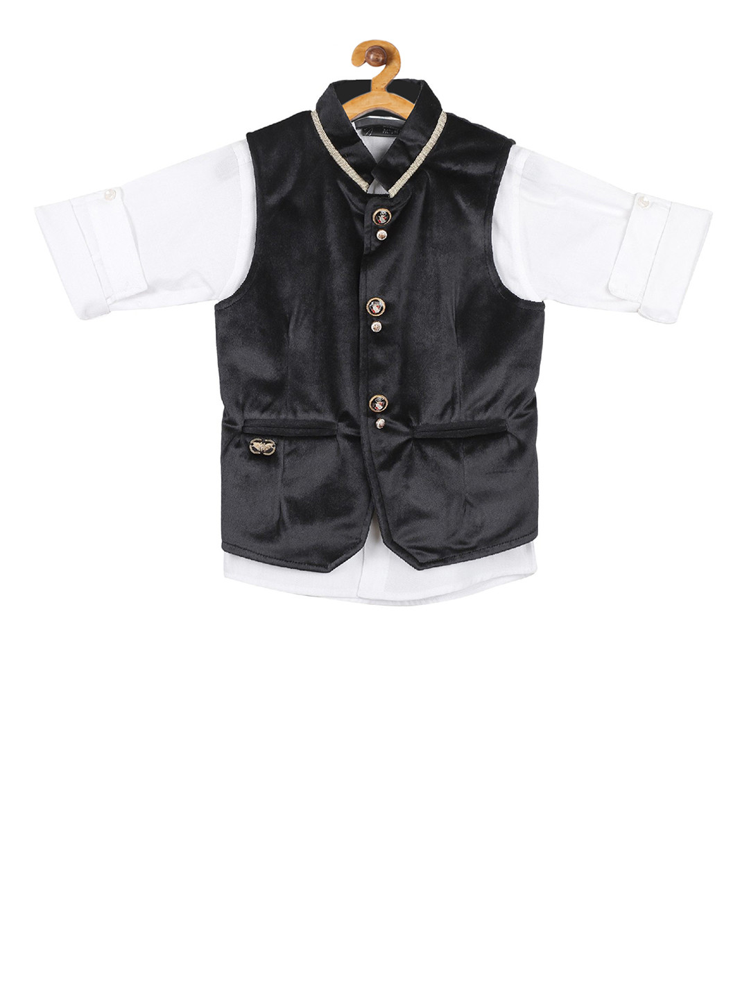 Actuel Boys Black & White Solid Cotton Waistcoat with Shirt