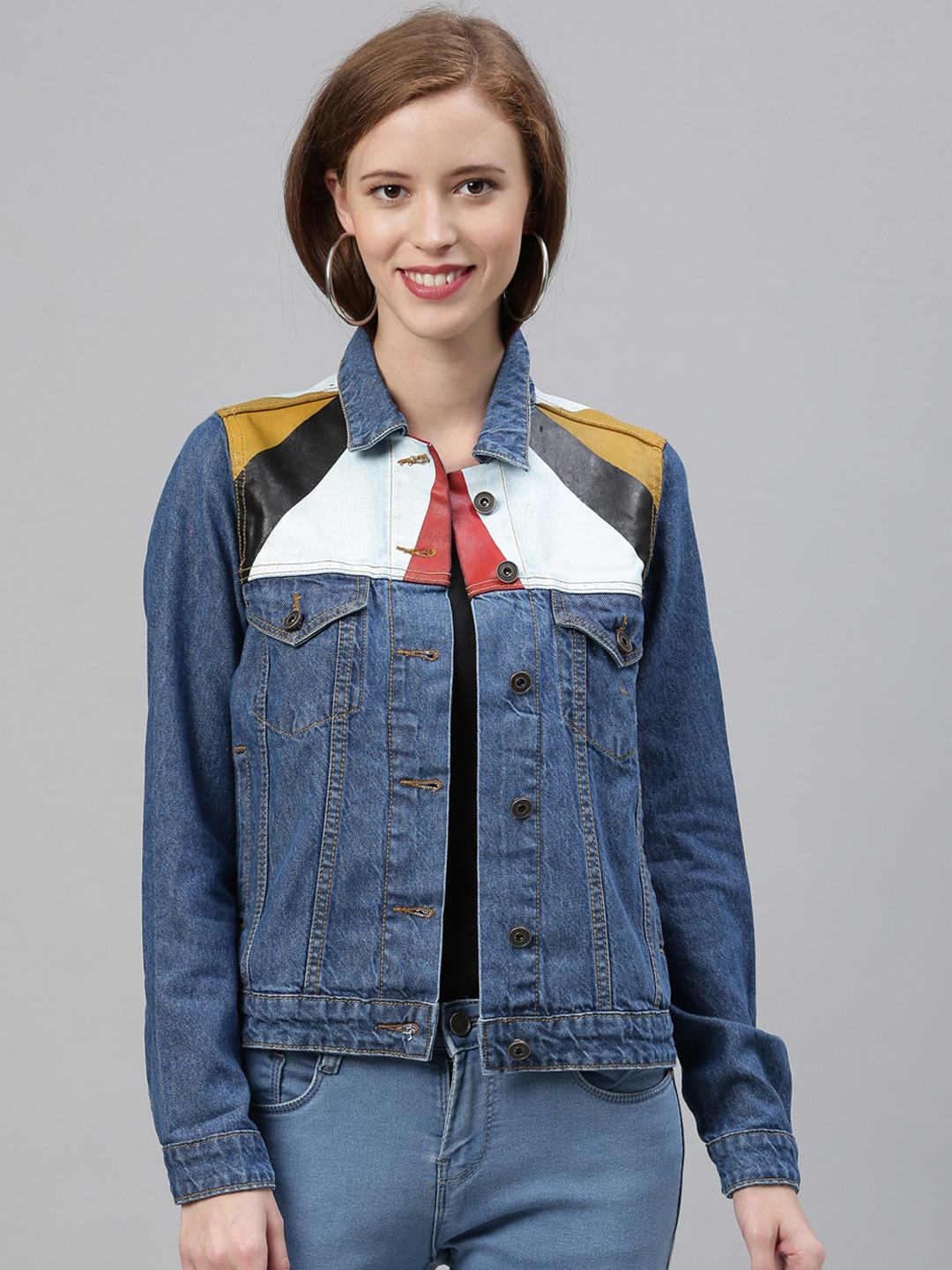 ZHEIA Women Blue Colourblocked Denim Jacket