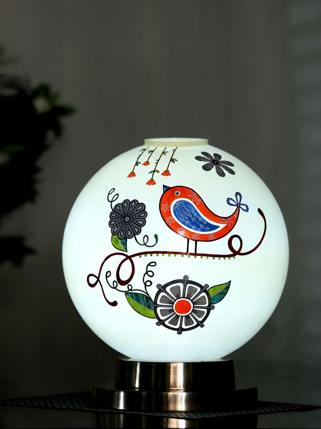 POSH-N-PLUSH Off White & Red Printed Tweet It Glass Table Lamp